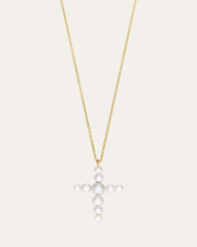 Petite Fellini Croix Freshwater Pearl Cross Pendant on 14K Yellow Gold Chain